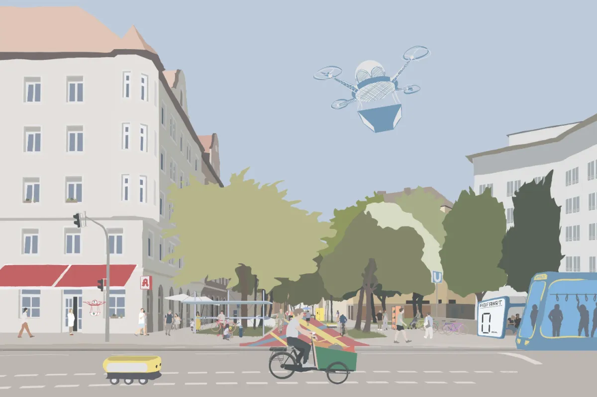 Illustriertes Zukunftsszenario, gemeinsam von Nachbarinnen und Nachbarn im Zukünfte-Workshop entwickelt