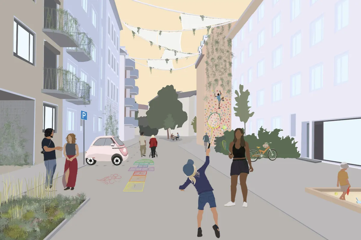 Illustriertes Zukunftsszenario, gemeinsam von Nachbarinnen und Nachbarn im Zukünfte-Workshop entwickelt
