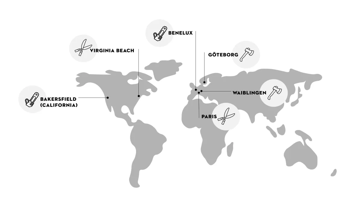 World map marking upcoming workshop locations: Bakersfield (California), Virginia Beach, Benelux, Göteborg, Waiblingen and Paris